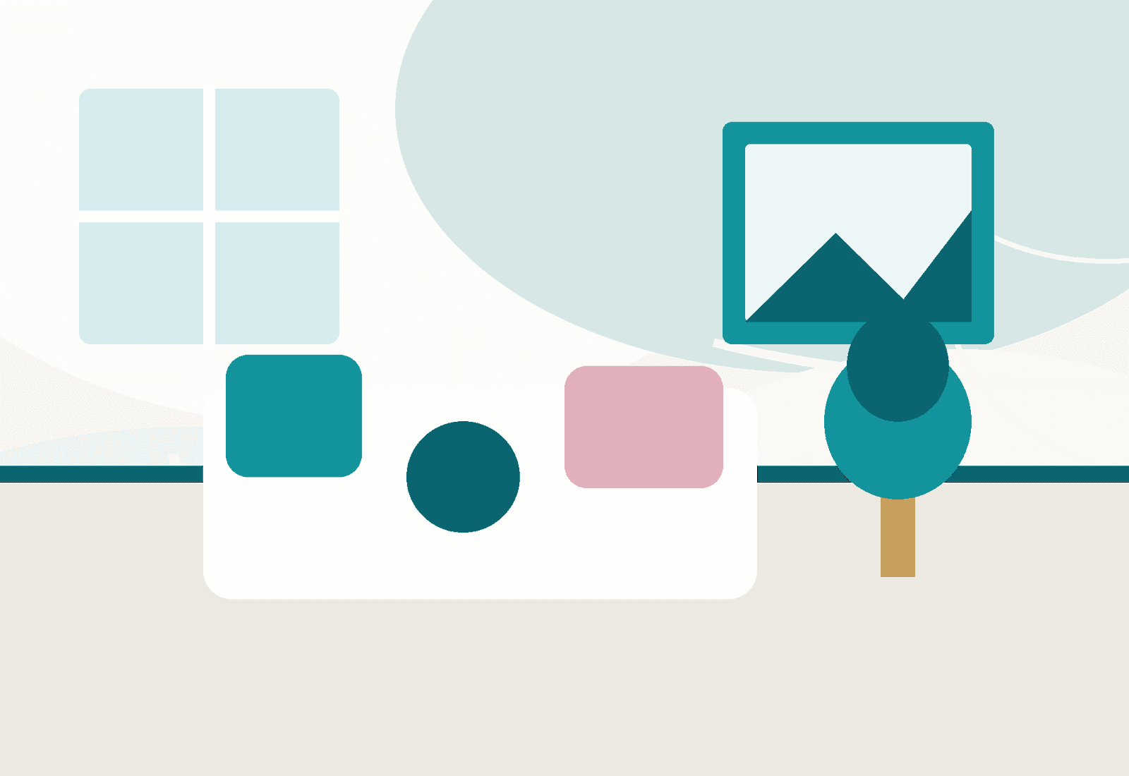 Sample illustration of a bright lounge styled with teal cushions.