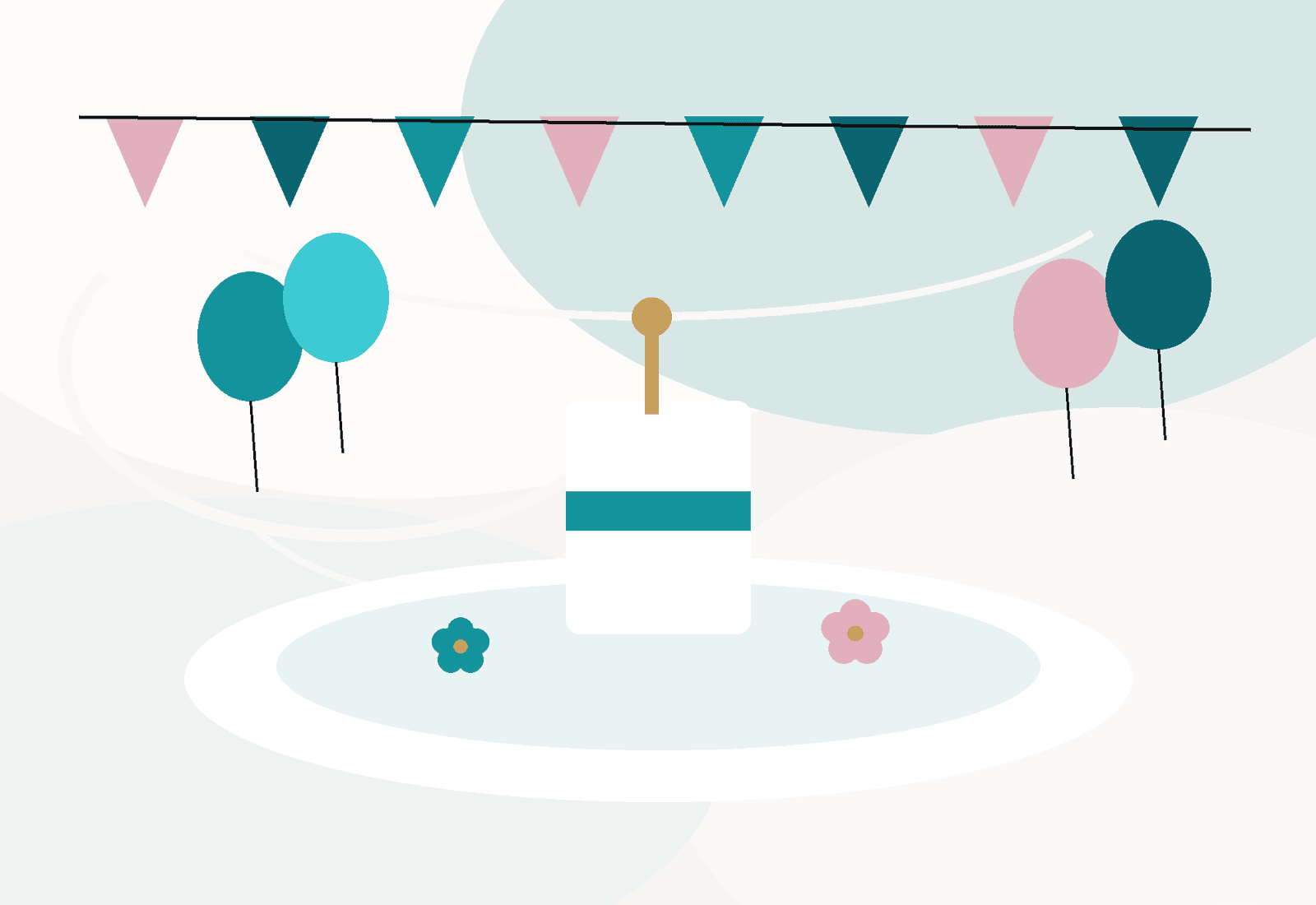 Sample illustration of a party table with bunting, balloons and a cake.